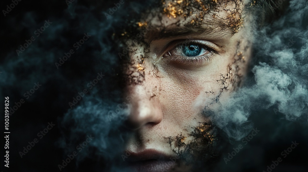 Intense Gaze: A Man's Face Emerging From Smoke Intense Gaze: A Man's Face Emerging From Smoke
