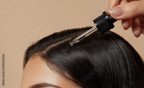 Woman applying hair growth serum to her scalp using a dropper for healthy and shiny hair, close-up view