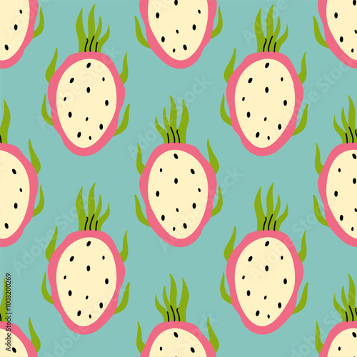 Colorful dragon fruit pattern on a light blue background showcasing vibrant tropical elements