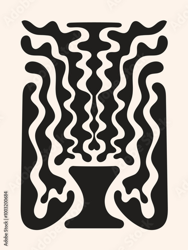 Flower poster in retro 70s 60s style. Matisse inspired collage floral pattern with leaf shapes and vase. Vector doodle flowers bouquet 