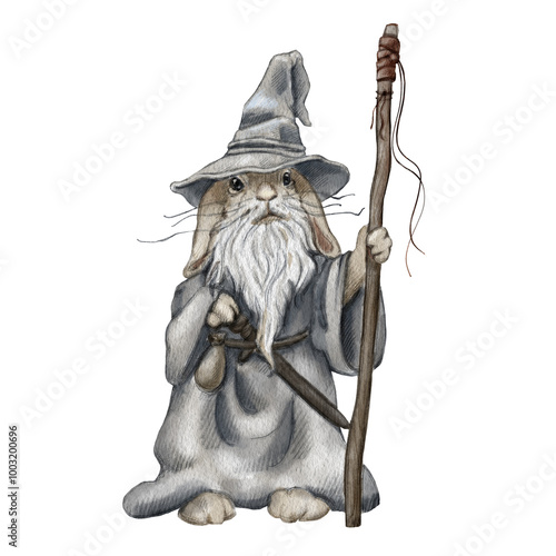 Old rabbit dressed as a wise wizard holds a staff and wears a pointed hat.Can be used for the design of mobile or board game, DND Characters.for greeting cards, a drawing for a book, sticker or a blog