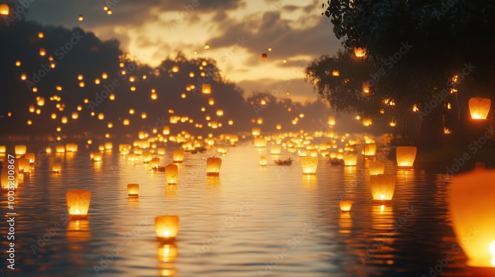 Floating lanterns illuminate river at sunset Floating lanterns illuminate river at sunset