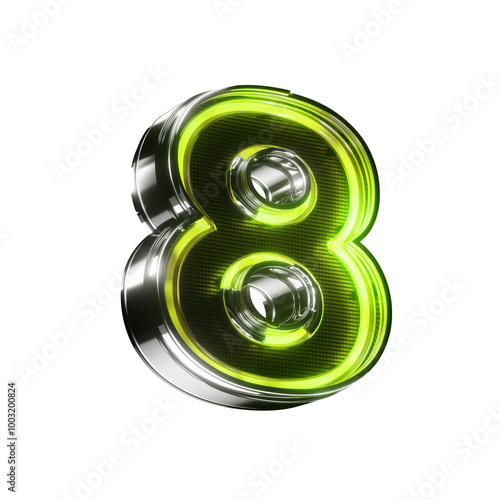 3d number eight led metallic sign green neon isolated on transparent background