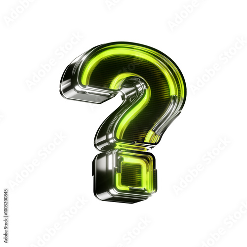 3d question mark led metallic sign green neon isolated on transparent background
