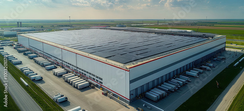 Large warehouse with solar panels and truck bays near industrial area surrounded by greenery and countryside