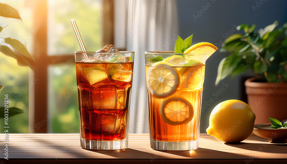 Close-Up Cold Glass Of Iced Tea And Lemonade On A Sunny Table In Home Interior, Iced Tea Beverage Close-Up Cold Glass Of Iced Tea And Lemonade On A Sunny Table In Home Interior, Iced Tea Beverage
