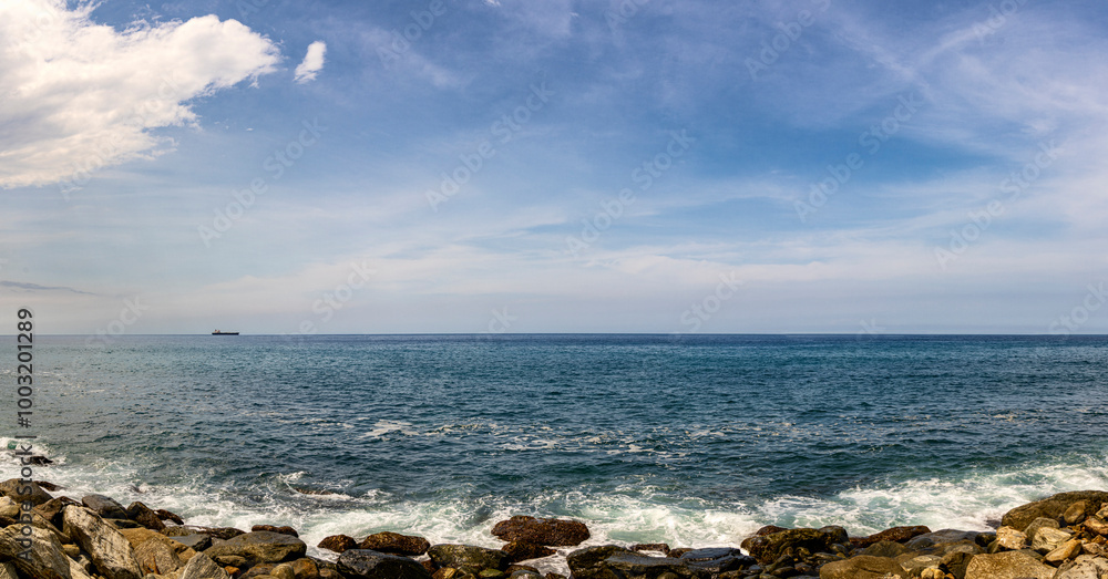 Panoramic view of Caribbean beach on a sunny day. Macuto, La Guaira state. Venezuela