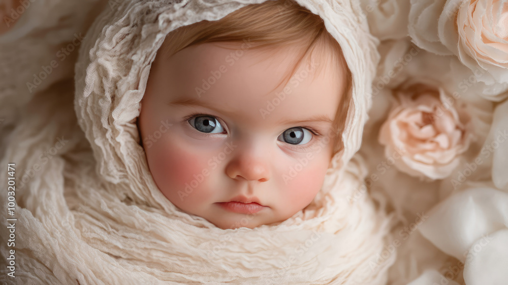 baby in her cute hat on the comfy soft white room baby in her cute hat on the comfy soft white room