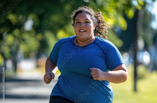 Confident overweight woman jogging in a park on a sunny day, embracing fitness and healthy lifestyle with motivation and determination