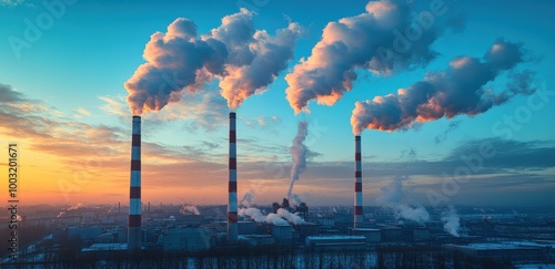 Three smokestacks release clouds of white fumes into a blue sky over industrial buildings and production lines