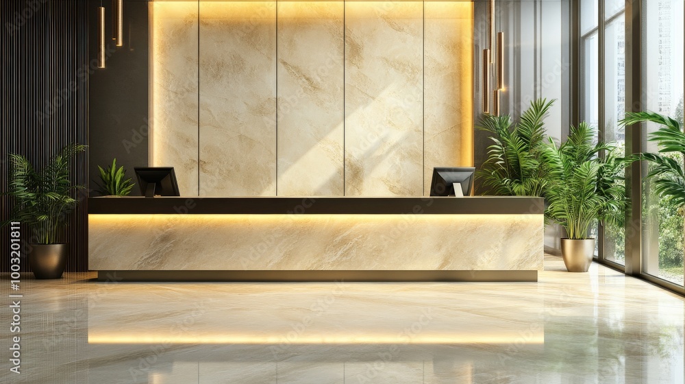 Elegant and Inviting Hotel Lobby with Marble Reception Desk Elegant and Inviting Hotel Lobby with Marble Reception Desk