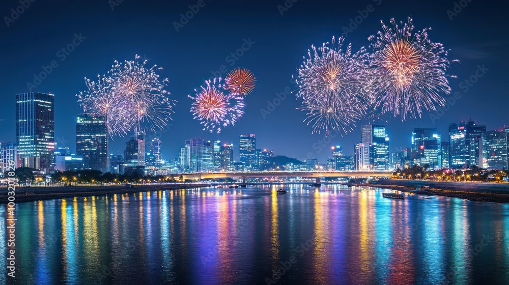Obraz premium colorful fireworks lighting up the sky above downtown buildings and river