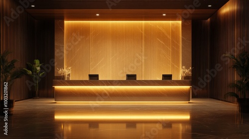 Elegant Hotel Lobby with Warm Lighting and Sleek Design