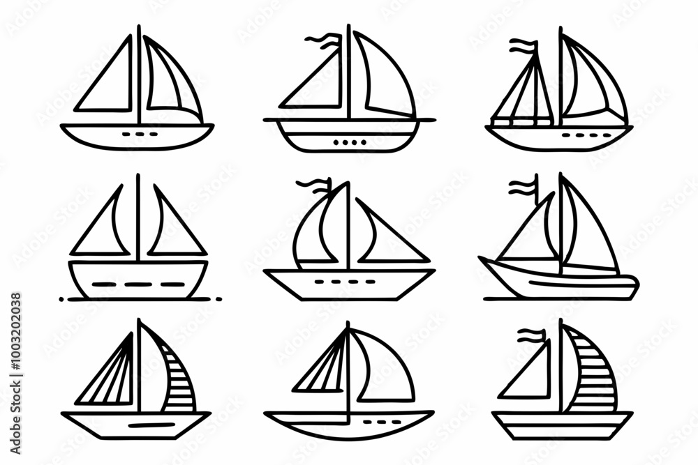 Sailboat icons set line art, stock vector, boat logo silhouette black isolated vector art illustration Sailboat icons set line art, stock vector, boat logo silhouette black isolated vector art illustration