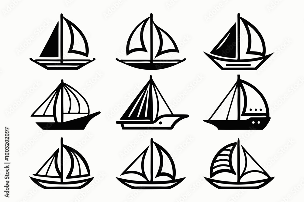 Sailboat icons set line art, stock vector, boat logo silhouette black isolated vector art illustration Sailboat icons set line art, stock vector, boat logo silhouette black isolated vector art illustration