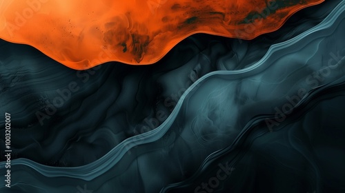 A painting of a wave with a blue and orange background