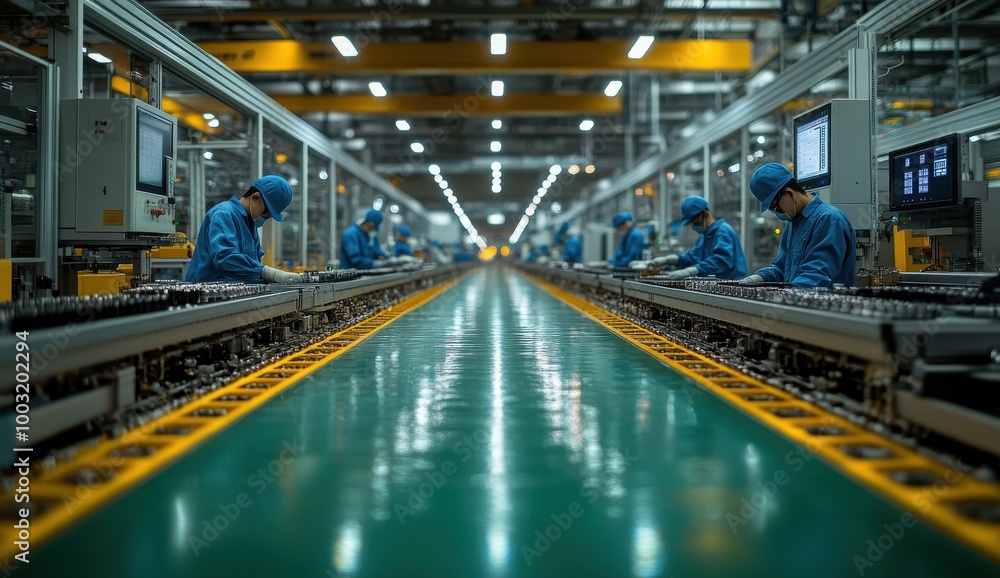 Busy production line for high-tech electronic products with workers in blue uniforms and advanced machinery Busy production line for high-tech electronic products with workers in blue uniforms and advanced machinery