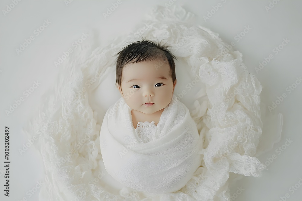 Sweet baby wrapped in a cozy white blanket on a soft white background. Generative AI Sweet baby wrapped in a cozy white blanket on a soft white background. Generative AI