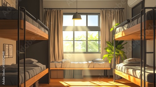 Cozy and Inviting Dormitory Room with Bunk Beds and Natural Sunlight