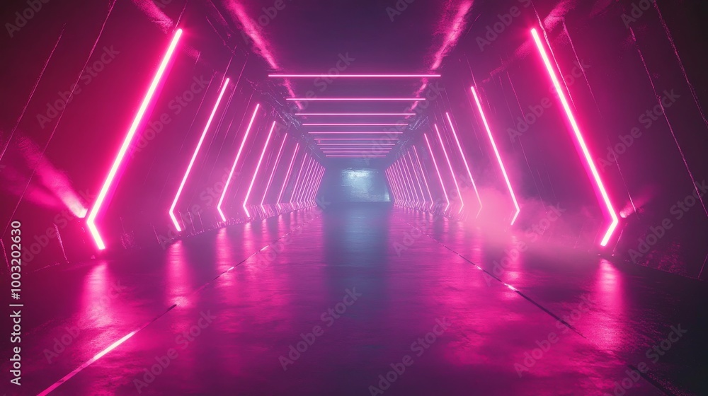 Bright neon lights shine through tunnels, creating beams and patterns. The light appears to be moving, creating a sense of depth. The background is dark and abstract, like an empty stage. Bright neon lights shine through tunnels, creating beams and patterns. The light appears to be moving, creating a sense of depth. The background is dark and abstract, like an empty stage.