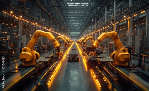 Automotive production line featuring yellow robotic arms in a spacious, modern warehouse