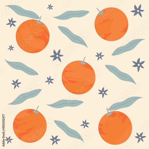 Fresh abstract oranges. Orange fruits and leaves on a beige background. Vector illustration.