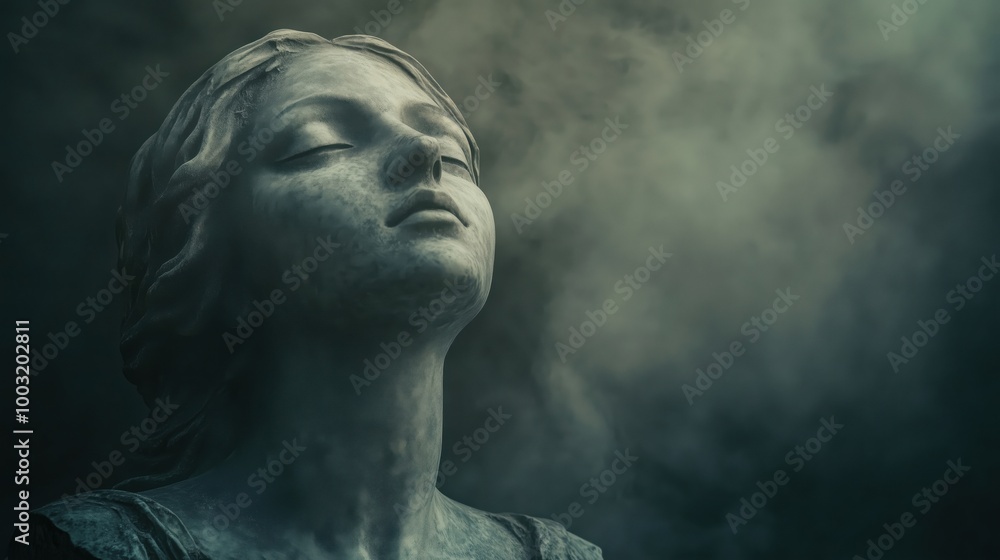 Statue woman serene expression, misty atmosphere Statue woman serene expression, misty atmosphere