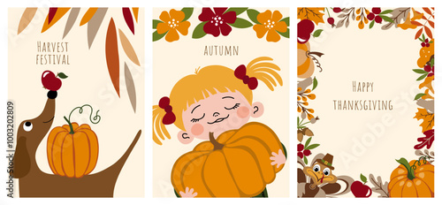 Painted autumn illustrations. A set of postcards with turkey, mushrooms, a dog and a girl with pumpkins. Thanksgiving, harvest festival. Greeting cards, poster, banner, frame with space for text. photo