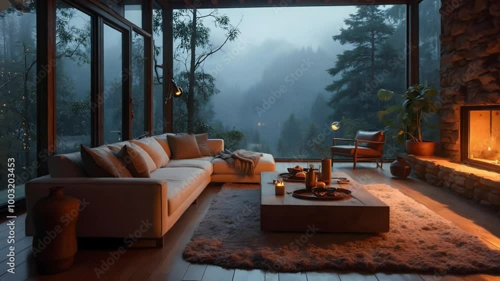 Cozy Living Room with a View of a Foggy Forest and a Fireplace Cozy Living Room with a View of a Foggy Forest and a Fireplace