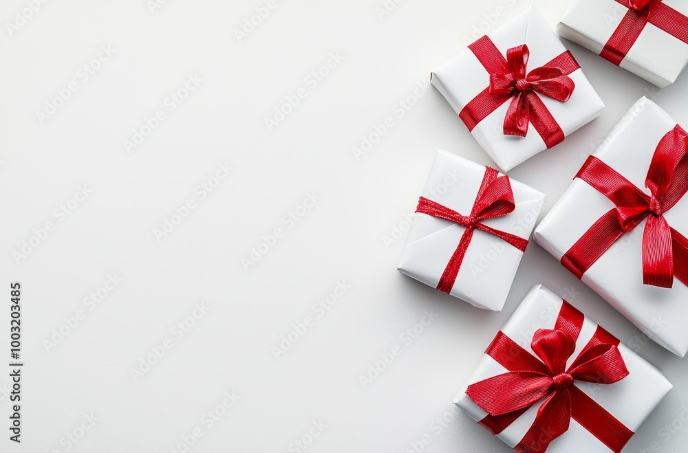 Five neatly wrapped white presents decorated with red bows are arranged on a plain white background, creating an elegant and minimalistic composition.