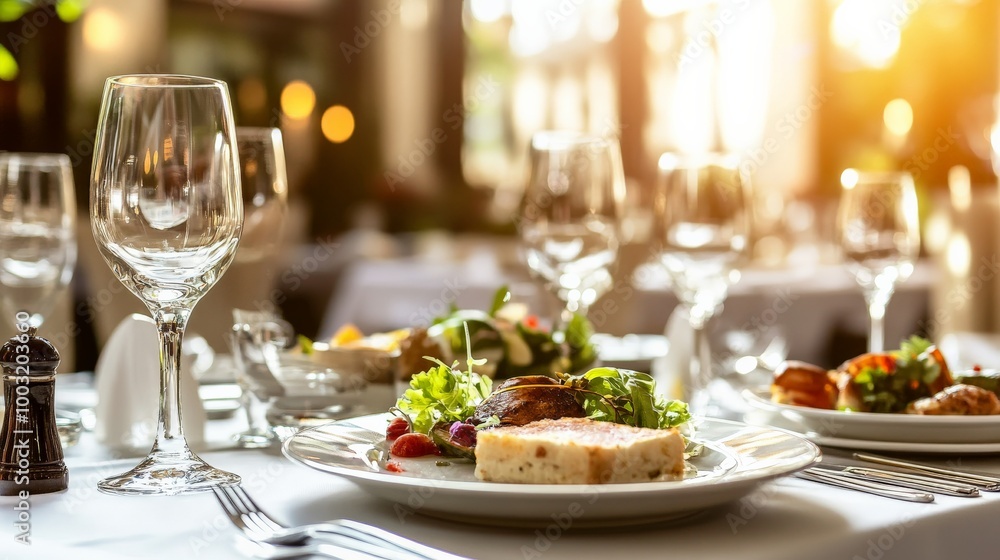 Elegant Fine Dining Table Setting with Delicious Gourmet Meal Elegant Fine Dining Table Setting with Delicious Gourmet Meal
