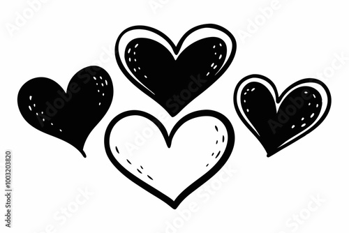 Set of black hand drawn hearts. Hand drawn marker hearts isolated on white background. Vector illustration