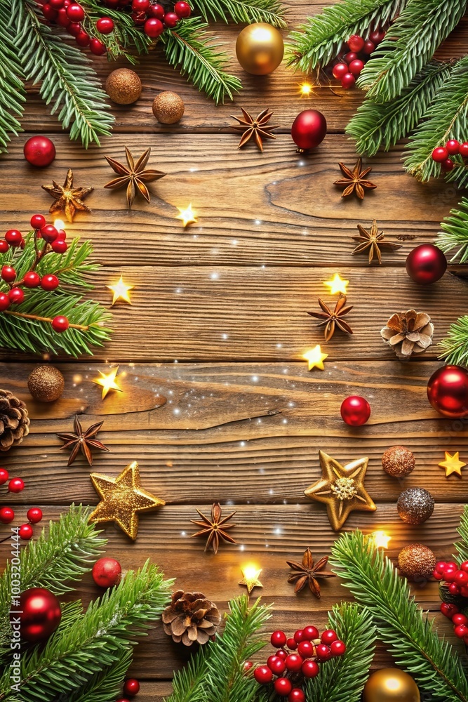 Christmas tree branches with fir-cones, gold stars and beads on wooden background. Merry Christmas and happy New Year greeting card with copy-space Christmas tree branches with fir-cones, gold stars and beads on wooden background. Merry Christmas and happy New Year greeting card with copy-space