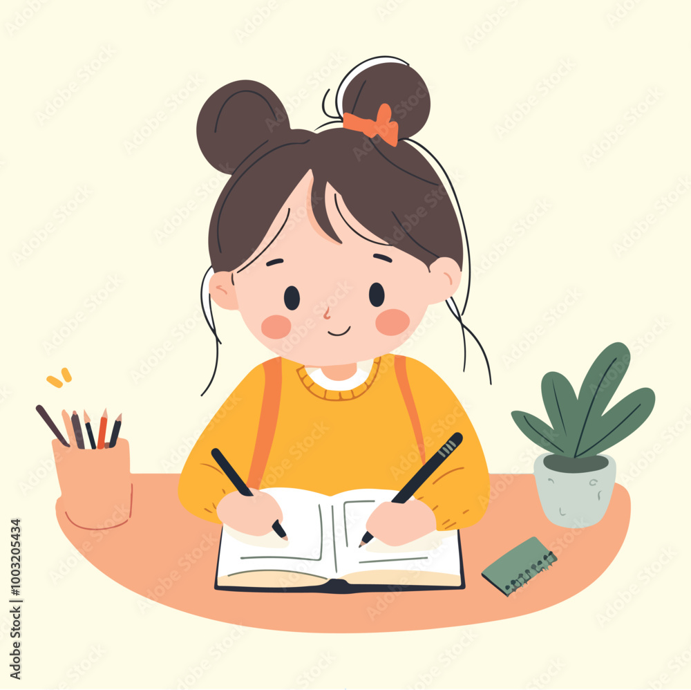 Girl Writing with a Pen Vector Flat illustration Girl Writing with a Pen Vector Flat illustration