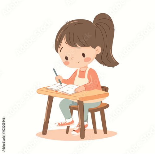 Girl Writing with a Pen Vector Flat illustration