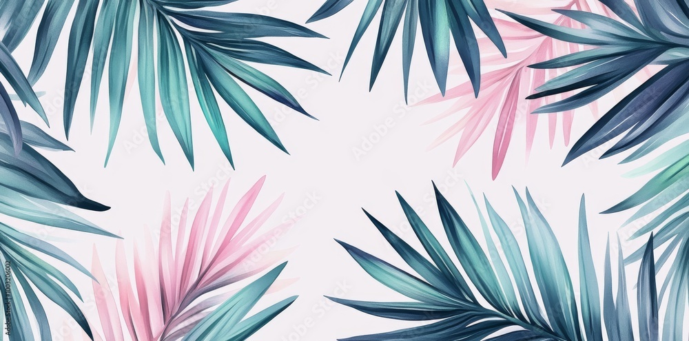 Seamless pattern with pastel colored banana leaves, palms, and colocasia. Hand-drawn illustration. Vintage glamorous design. Can be used for wallpaper, cloth, and fabric printing. Seamless pattern with pastel colored banana leaves, palms, and colocasia. Hand-drawn illustration. Vintage glamorous design. Can be used for wallpaper, cloth, and fabric printing.