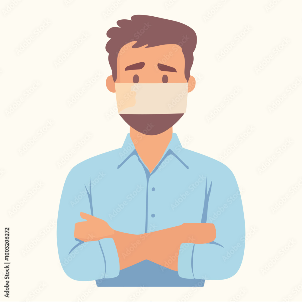 Young guy with a sealed mouth. The man cannot speak Flat illustration Young guy with a sealed mouth. The man cannot speak Flat illustration