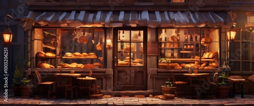 A charming bakery with a glowing storefront, displaying an array of freshly baked bread. The warm light contrasts against the cool evening, inviting customers to enjoy a quiet meal outdoors under soft