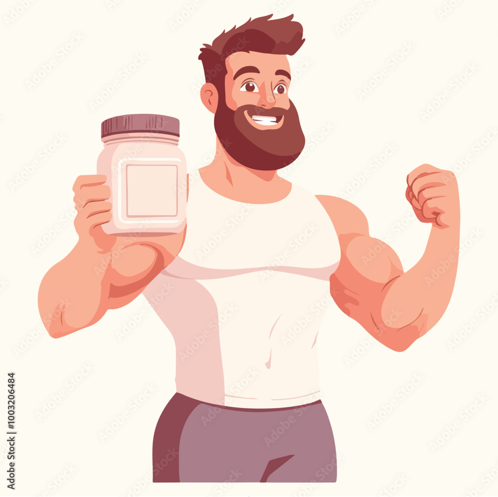 Fototapeta premium There is a man holding a jar of protein Flat illustration