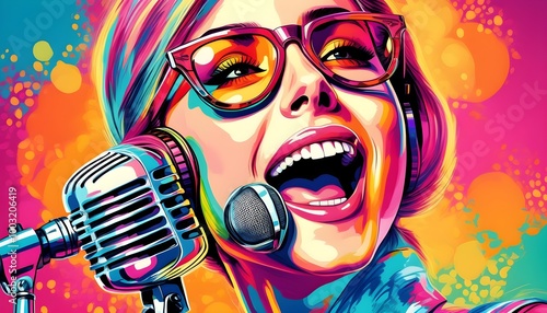 Retro elegance: A woman with expressive eyes presenting with a vintage microphone in a vibrant pop art masterpiece photo