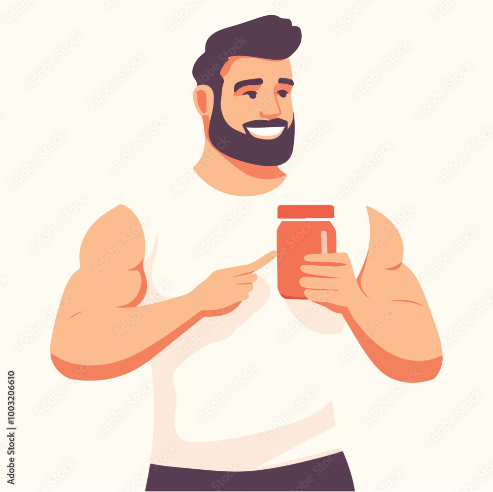 There is a man holding a jar of protein Flat illustration There is a man holding a jar of protein Flat illustration