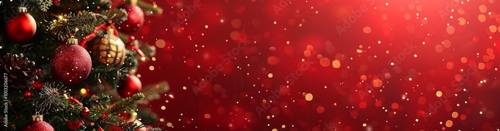 Christmas tree adorned with red baubles and golden lights, radiating holiday warmth. Christmas tree adorned with red baubles and golden lights, radiating holiday warmth.