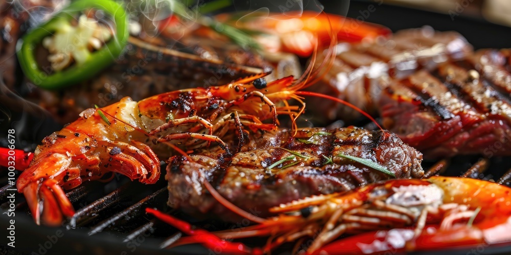 Close-up view of grilled shrimp and beef steak accompanied by slices of red and green bell peppers. Close-up view of grilled shrimp and beef steak accompanied by slices of red and green bell peppers.