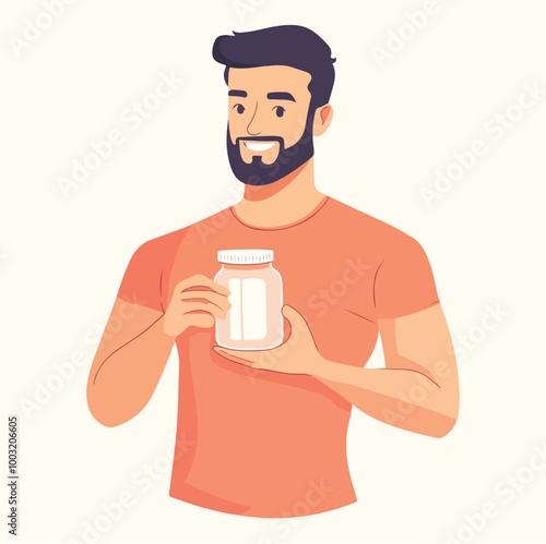 There is a man holding a jar of protein Flat illustration