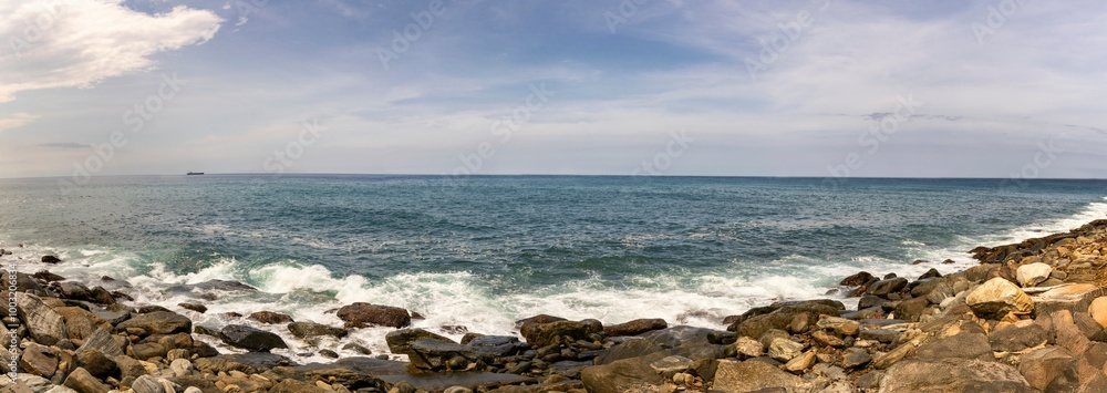 Panoramic view of Caribbean beach on a sunny day. Macuto, La Guaira state. Venezuela