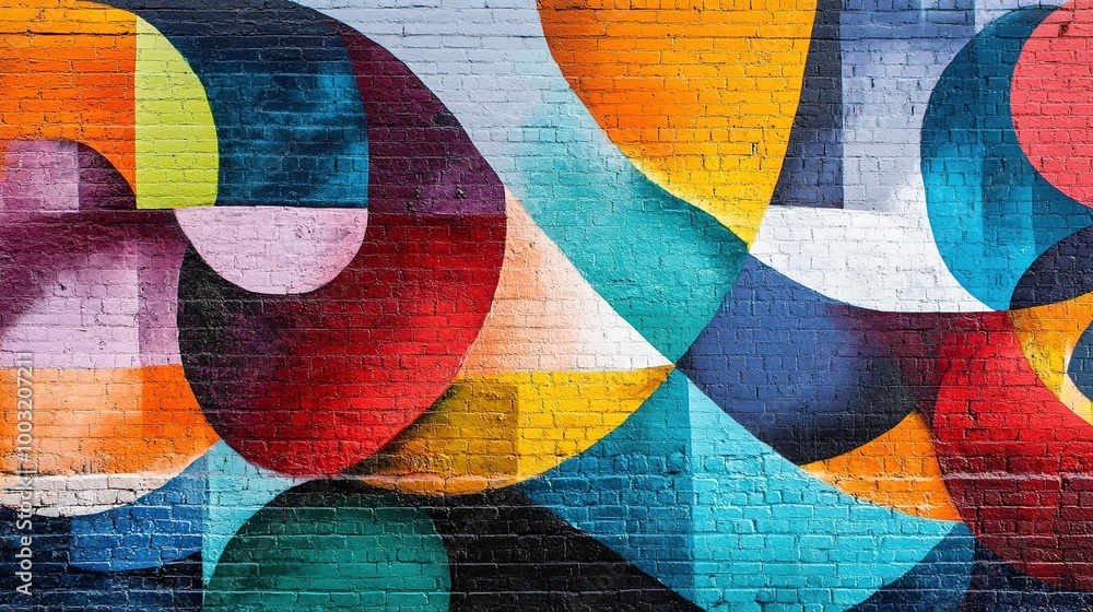 A street art mural on a brick wall, blending abstract shapes and vibrant hues, creating a striking visual impact A street art mural on a brick wall, blending abstract shapes and vibrant hues, creating a striking visual impact