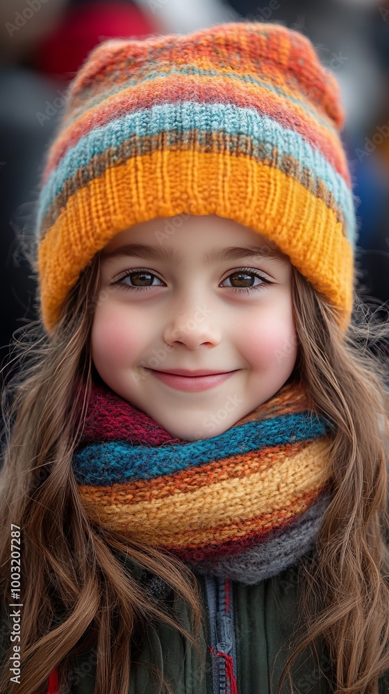 Smiling girl in a colorful knitted hat and scarf. Smiling girl in a colorful knitted hat and scarf.