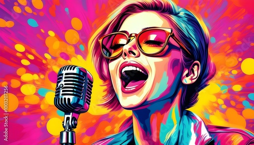 Retro elegance: A woman with expressive eyes presenting with a vintage microphone in a vibrant pop art masterpiece photo