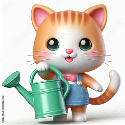 Cute Cat Holding Watering Can Cartoon , 3d Generative aI
 photo