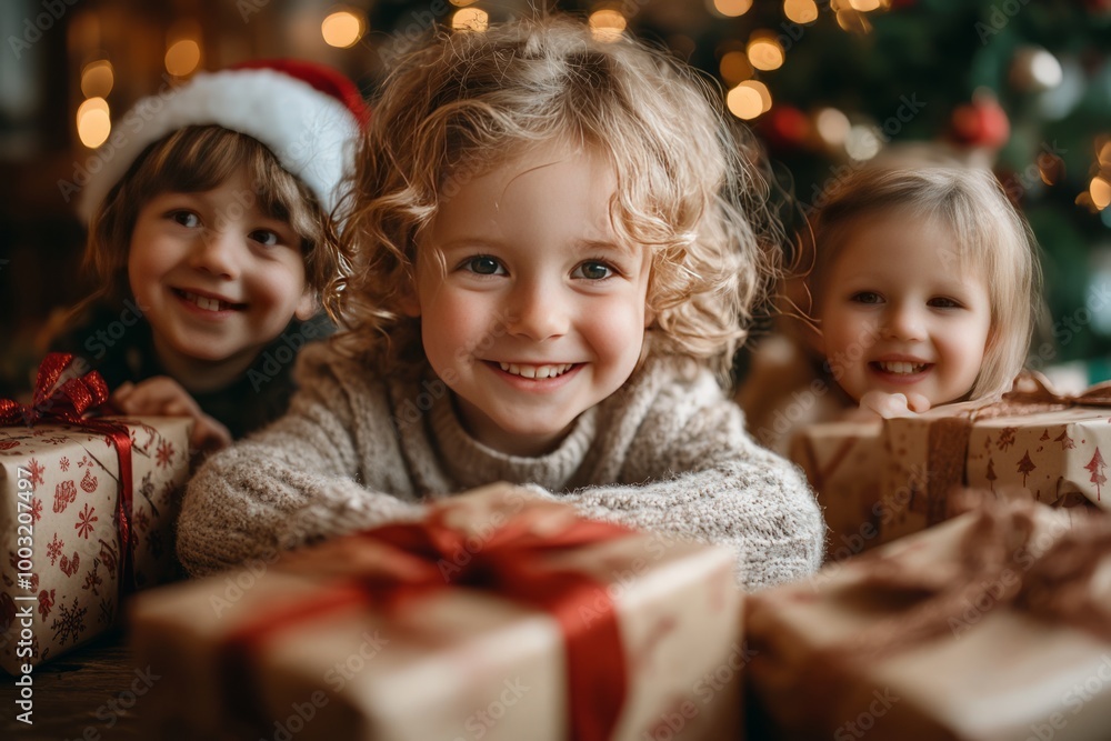Three kids smile brightly while surrounded by presents. Three kids smile brightly while surrounded by presents.
